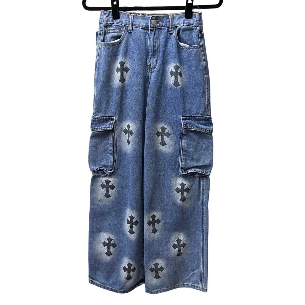 Preloved-S/P-Y2K Grunge Cross Print Cargo Jeans